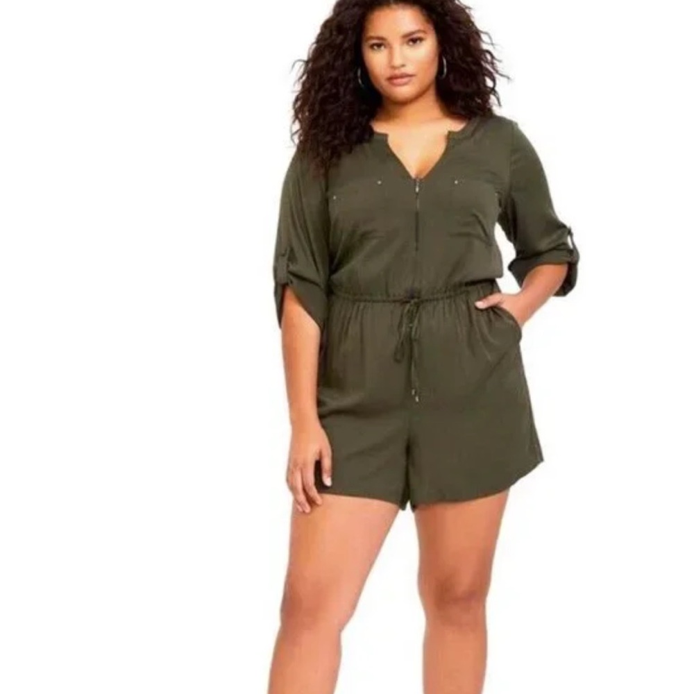 Torrid Army Green Drawstring Waist Roll Sleeve Military Romper Womens Plus Sz 1X